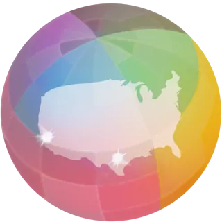 Iridescent globe showing the United States with fab2 sites glinting in San Francisco and central Texas