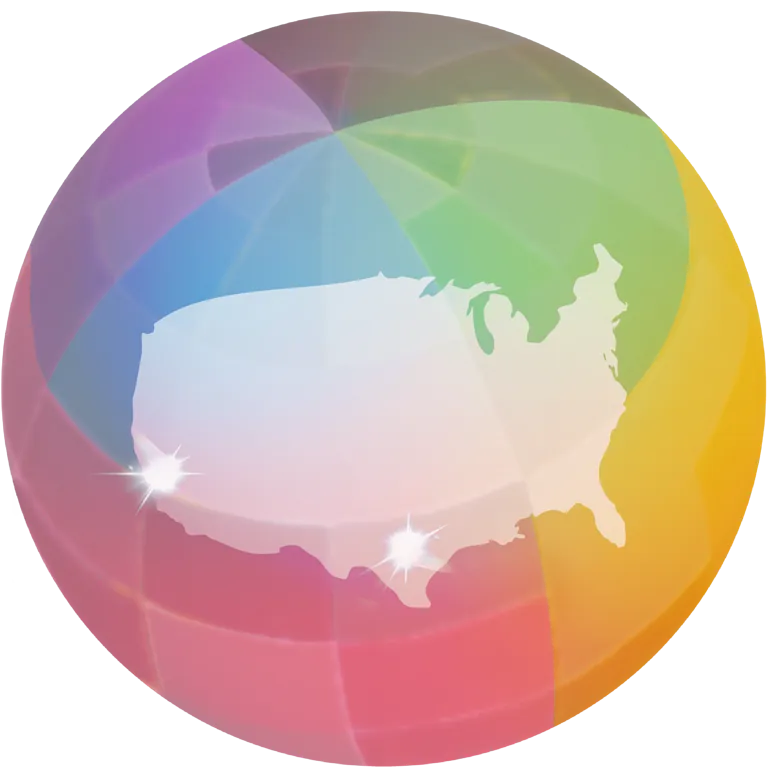 Iridescent globe showing the United States with fab2 sites glinting in San Francisco and central Texas